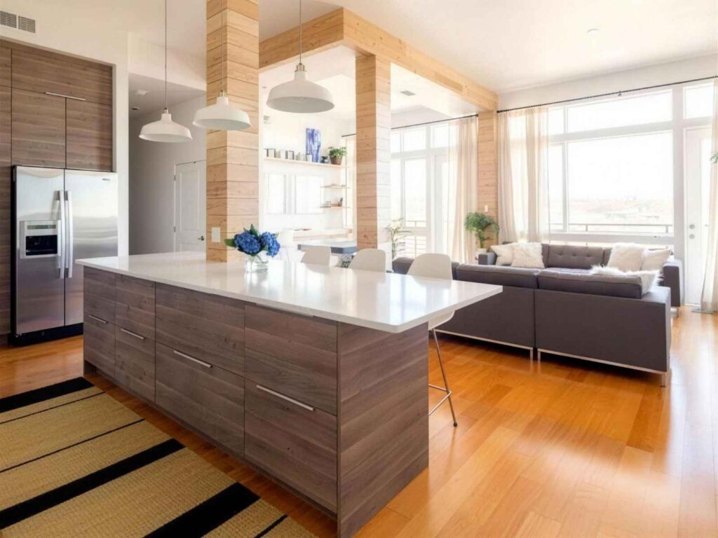 Condo renovations Toronto project, open-concept living room and kitchen